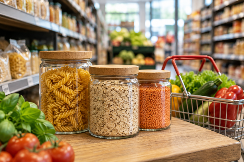 Meerdere houdbare producten in mand
